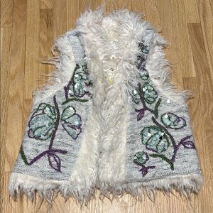 Anthropologie Sleeveless Floral Embroidered Beaded Faux Fur Vest
